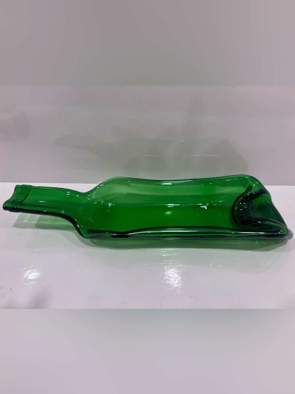 Handmade green slumped wine bottle serving tray recycled fused glass cheese tray
